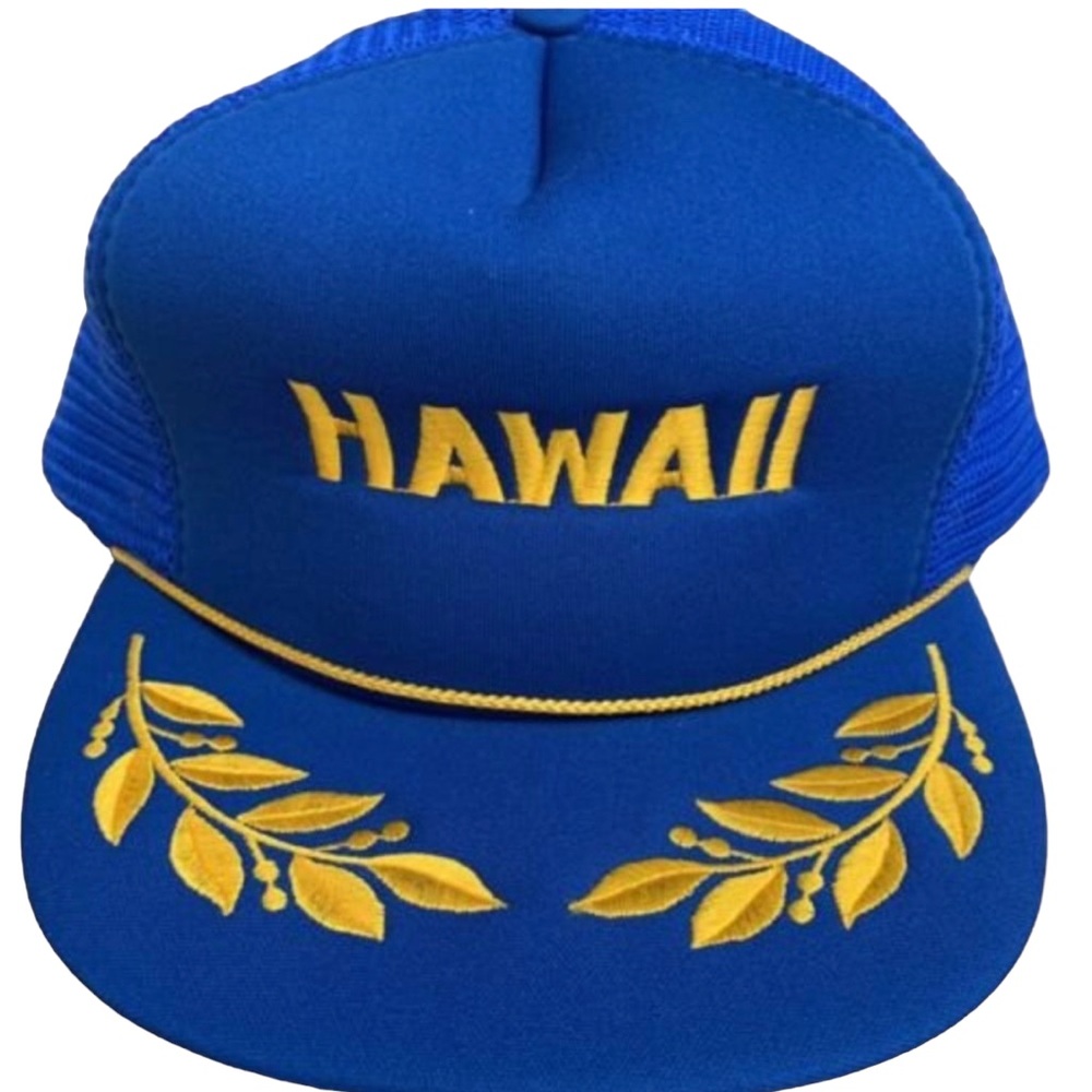 VINTAGE Hawaii Trucker Hat Blue Embroidered Snap Back Mesh Hawaiian Cap